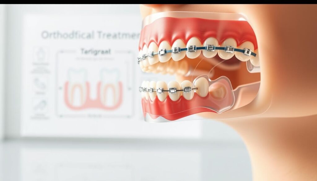 A detailed, cutaway diagram showcasing the orthodontic treatment process. In the foreground, a close-up view of a patient's teeth, with the various components of the orthodontic appliance clearly visible - braces, wires, brackets, and elastics. In the middle ground, a cross-sectional view of the jaw, revealing the process of tooth movement and bone remodeling. In the background, a schematic illustration of the different stages of treatment, from initial assessment to final tooth positioning. Bright, natural lighting illuminates the scene, creating a clean, clinical atmosphere. Rendered with high technical precision to convey the intricacies of orthodontic therapy.