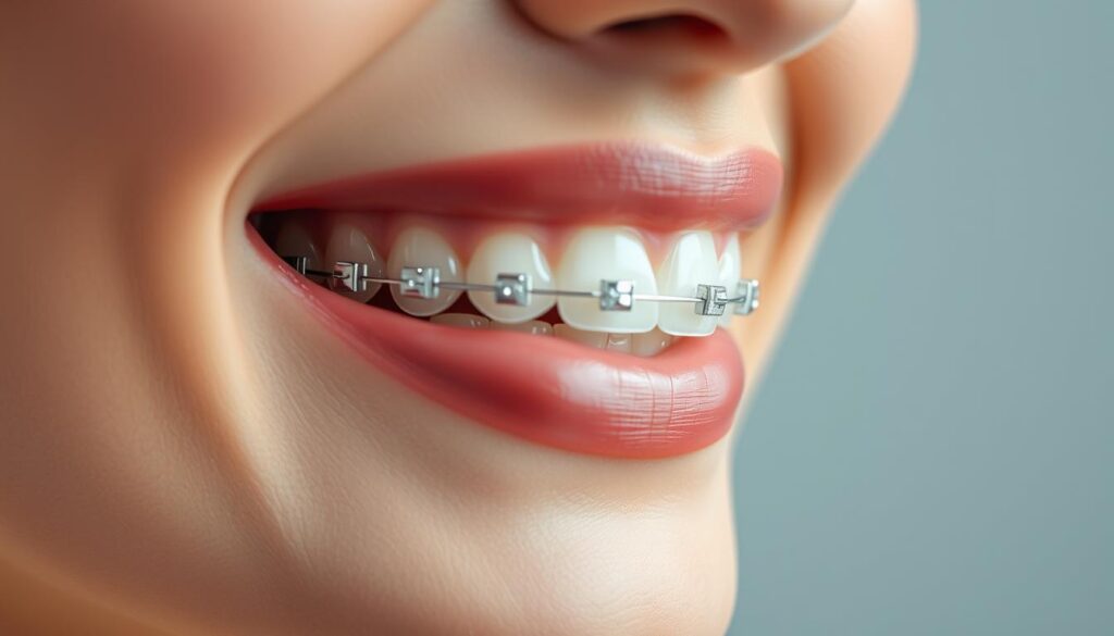 A sleek, minimalist close-up of a set of high-quality, transparent orthodontic braces, seamlessly blending with the wearer's teeth. The braces are virtually invisible, with delicate, barely visible wire aligners that gently guide the teeth into perfect alignment. The lighting is soft and diffused, creating a clean, clinical aesthetic that emphasizes the advanced, state-of-the-art technology. The background is a plain, muted color that keeps the focus on the discreet, unobtrusive braces. The overall impression is one of subtle sophistication, highlighting the invisible brackets as a cutting-edge, aesthetically pleasing orthodontic solution.