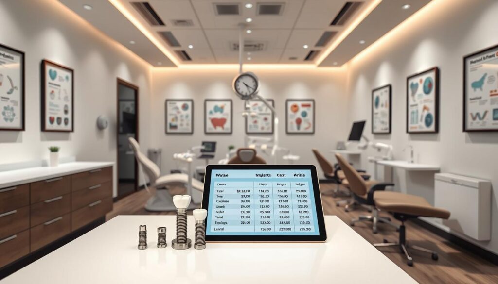 A sleek, modern dental clinic interior with a focus on the cost comparison of dental implants and bridges. The foreground features a clean, minimalist desk with dental implant models and a tablet displaying detailed cost breakdowns. The middle ground showcases a row of comfortable dental chairs and medical equipment, bathed in warm, directional lighting that creates a calming atmosphere. The background features stark white walls adorned with framed dental health infographics, conveying a sense of professionalism and expertise. The overall scene reflects the subject's focus on the financial considerations of dental procedures, with a visually appealing and informative presentation.