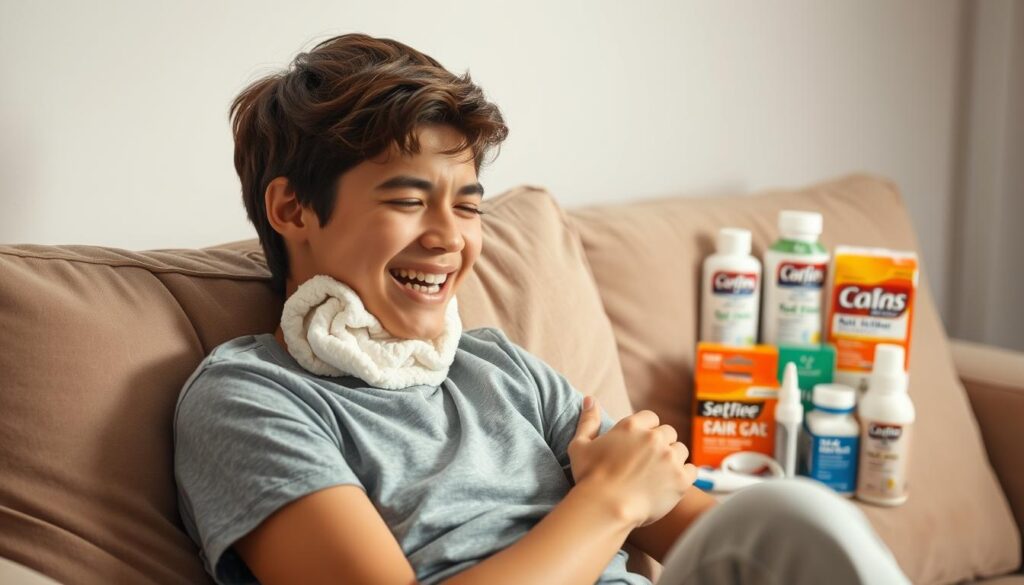 A young person sits comfortably on a plush couch, gently massaging their jaw with a warm compress. The lighting is soft and soothing, casting a calming glow on the scene. In the background, a collection of over-the-counter pain relief medications and dental accessories are neatly arranged, suggesting ways to alleviate the discomfort caused by orthodontic treatment. The expression on the person's face conveys a sense of relief and relaxation, as if the simple act of tending to their needs has helped to ease the pain and discomfort they were experiencing. The overall atmosphere is one of tranquility and self-care, reflecting the theme of mitigating the unpleasant side effects of wearing braces.