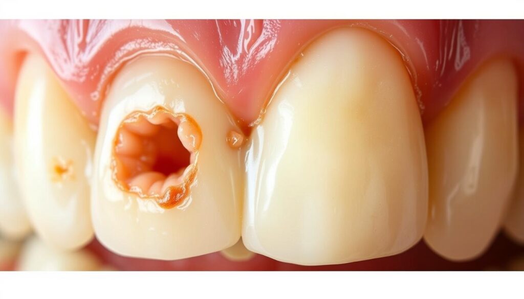 Detailed close-up view of an unusual teeth wear pattern, showcasing excessive enamel loss, exposed dentin, and irregularities across the tooth surfaces. Captured under warm, soft lighting from an angle that emphasizes the textural details and wear-related imperfections. The image should convey a sense of dental deterioration and the need for professional evaluation and treatment, aligning with the article's subject matter and section title.