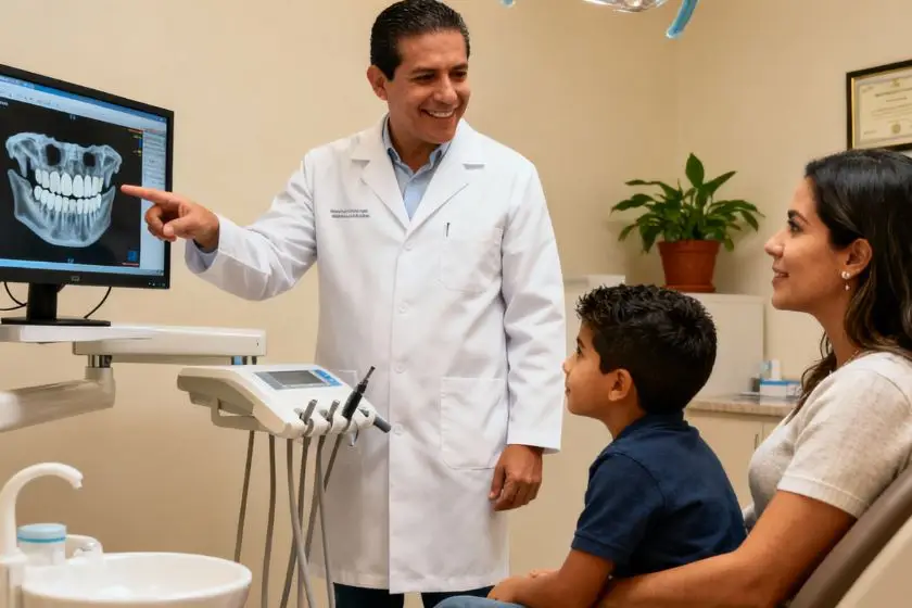 Dentista explicando tratamiento dental niño tecnología 3D odontopediatría